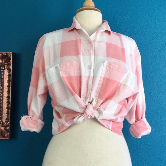 Vintage Tops - Vintage 80s pink & white large check button front top